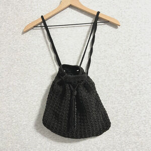 The Sak Crochet Backpack Bag Black Tassel Drawstring Bucket Hobo Retro Y2K Boho